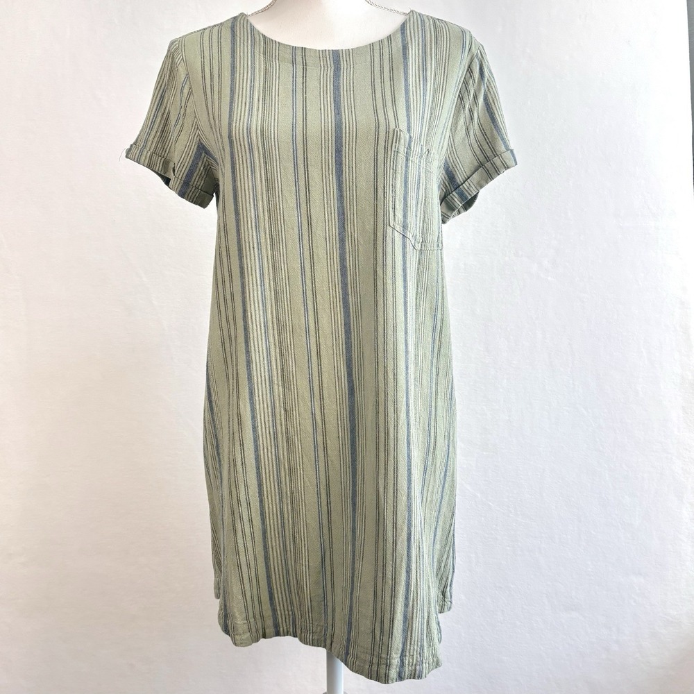 Cloth & Stone Anthropologie Striped Button-Back Shirt Shift Dress Green Blue Med